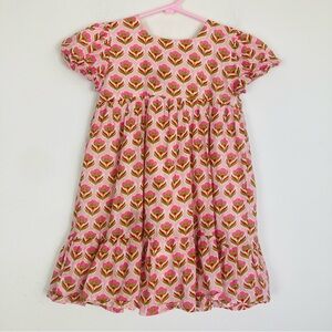 Smockingbird pink & green floral block print dress with metallic threading. 3T